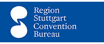 Blauer Hintergrund mit weißem Text mit der Aufschrift „Region Stuttgart Convention Bureau“ neben einer stilisierten weißen Grafik, die zwei abstrakten Formen ähnelt.