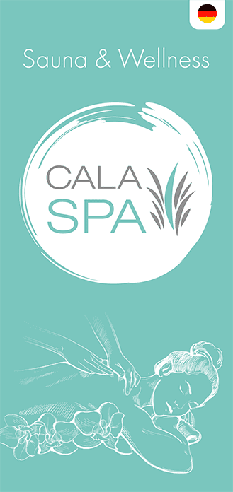 CalaSpa_Titel Werbebild für das Cala Spa. Es zeigt eine stilisierte Zeichnung einer Person, die inmitten von Orchideen eine Massage erhält. Oben steht „Sauna & Wellness“ und ein kleines deutsches Flaggensymbol.