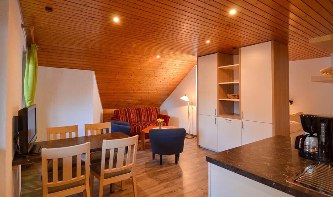 Schwarzwaldmaedel_FeWo_1080 Gemütlicher Wohnbereich mit Holzdecke und -wänden. Im Vordergrund steht ein Esstisch mit Stühlen. Ein rot gestreiftes Sofa und zwei blaue Sessel stehen neben einer Stehlampe. Rechts ist ein kleiner Küchenbereich mit Arbeitsplatten und Regalen zu sehen.