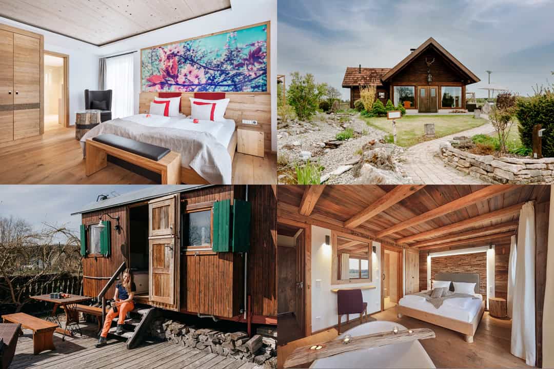Wilmann-Komb-Zimmeretc_1080 Collage aus vier gemütlichen, rustikalen Unterkünften: ein modernes Hotelzimmer mit lebendiger Kunst, eine Holzhütte inmitten von Grün, ein Vintage-Holzanhänger mit Terrasse und ein weiteres Interieur mit Blockhüttenästhetik und warmen Tönen.