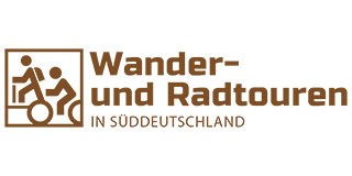 Logo-WanderRadtouren_320 Logo mit zwei Strichmännchen, eines beim Wandern und eines beim Radfahren, neben dem Text „Wander- und Radtouren in Süddeutschland“ in Braun.
