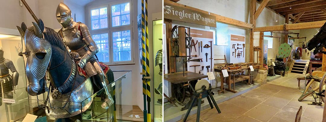 Museen_Komb_1080 Das Bild zeigt ein Museumsexponat. Links ist eine Rüstung auf einem Pferd ausgestellt. Rechts sind in einem geräumigen Holzraum verschiedene mittelalterliche Werkzeuge und Waffen ausgestellt.