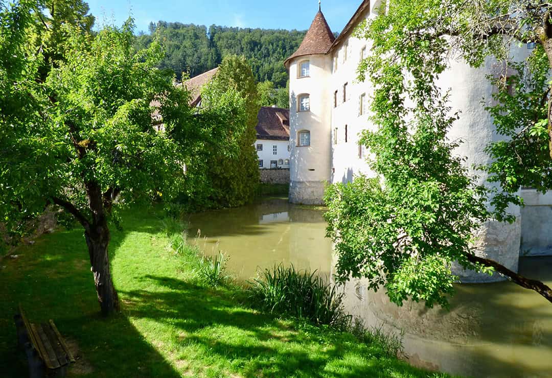 Schloss-Glatt_Wassergraben_1080 Ein malerischer Blick auf ein weißes Schloss mit kegelförmigen Dächern neben einem stillen Wassergraben, umgeben von üppigen grünen Bäumen und Gras. Die Sonne wirft Schatten auf das Gras und schafft eine ruhige und malerische Kulisse.