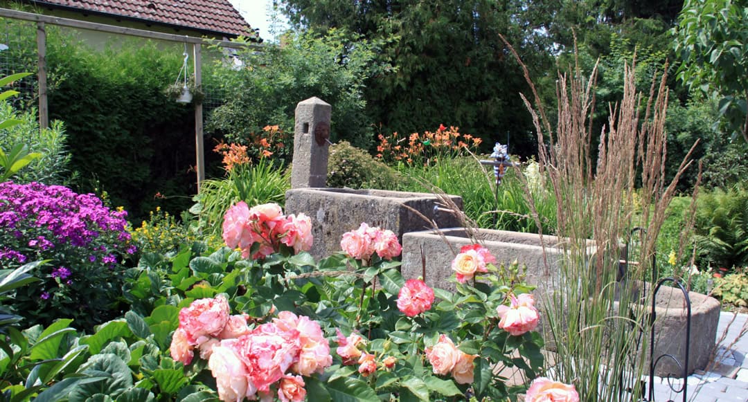 Garten-1080 Ein üppiger Garten mit blühenden rosa und orangefarbenen Blumen umgibt einen rustikalen Steinbrunnen. Hohes Gras und dichtes grünes Laub tragen zur lebendigen Szenerie bei, während der Blick auf ein Ziegeldach eines Gebäudes teilweise frei ist.