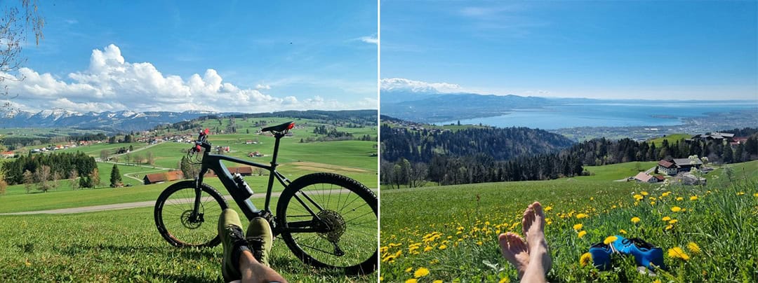 E-Bike-Paradies_1080 Auf zwei nebeneinander liegenden Bildern entspannt sich eine Person im Gras. Links steht ein Fahrrad in der Nähe mit Blick auf ein üppiges Tal und ferne Berge. Rechts sind Beine und Schuhe zu sehen, mit Blick auf einen See und Häuser unter blauem Himmel.