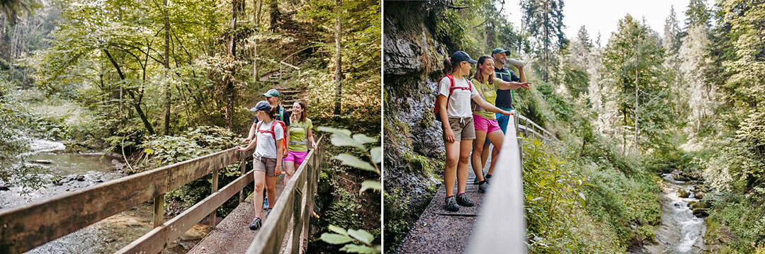 lra-wanderwege-weiler_1080 Zwei Bilder zeigen Menschen, die in einem üppigen Wald wandern. Links gehen sie über eine Holzbrücke über einen Bach. Rechts blickt die Gruppe auf die Landschaft mit einem darunter fließenden Fluss, umgeben von Bäumen und Grün.