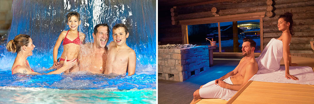 cm_Personen_Kombi_1080 Links genießt eine vierköpfige Familie ein Bad unter einem Wasserfall in einem Pool. Rechts entspannen ein Mann und eine Frau auf Holzbänken in einer Sauna.
