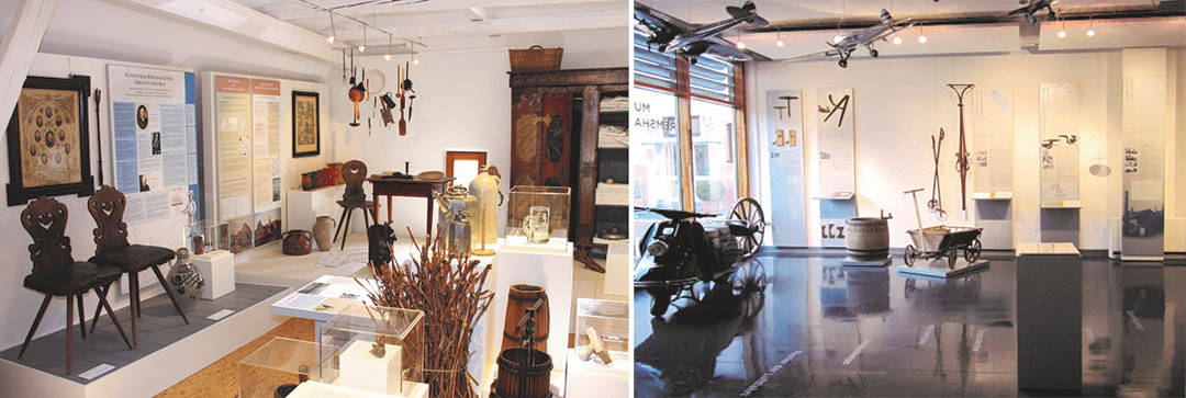 Bild-Kombo_1080 Zwei Museumsausstellungen im geteilten Bild. Links: Ausstellungen traditioneller Handwerkskunst, Werkzeuge und Töpferwaren. Rechts: Landwirtschaftliche Maschinen und Werkzeuge auf poliertem Boden mit Informationstafeln.