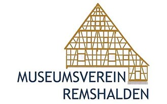 Abbildung eines traditionellen Fachwerkhauses in braunen Umrissen. Darunter steht in blauen Großbuchstaben „Museumsverein Remshalden“.