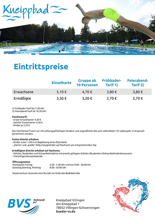 Plakat für das Kneippbad mit den Eintrittspreisen. Bild von Schwimmern, die in ein Becken springen, mit Bäumen und Himmel im Hintergrund. Der Text enthält verschiedene Ticketpreise für Erwachsene, Kinder, Gruppen und Frühbucherrabatte sowie Öffnungszeiten und Adresse.