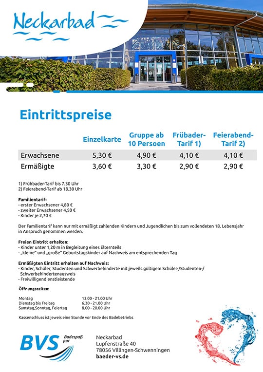 Außenansicht des Eingangs zum Neckarbad mit blauer Beschilderung. Darunter finden Sie die Eintrittspreise für Erwachsene, Gruppen und Ermäßigungen sowie weitere Informationen. Kontaktinformationen und Website finden Sie weiter unten.