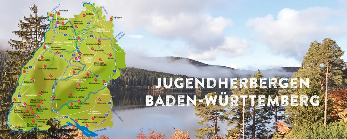 csm_bw_uebersicht_karte_preset_1170x469_2a608832a7 Karte von Baden-Württemberg, Deutschland, mit Jugendherbergen in roter Farbe. Umgeben von Naturlandschaften mit Bäumen und einem See. Der Text lautet: Jugendherbergen Baden-Württemberg.
