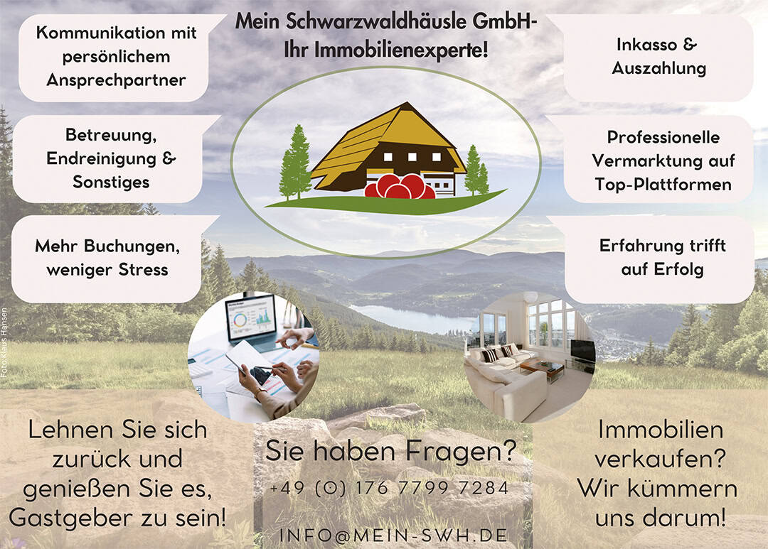 SWH-Anzeige_1080 Immobilienanzeige mit einer Illustration eines Ferienhauses in einer Naturkulisse. Der Text hebt Dienstleistungen wie Kommunikation, Verwaltung, Marketing und Immobilienverkauf hervor. Kontaktinformationen umfassen Telefonnummer und E-Mail-Adresse. Der Text ist auf Deutsch.
