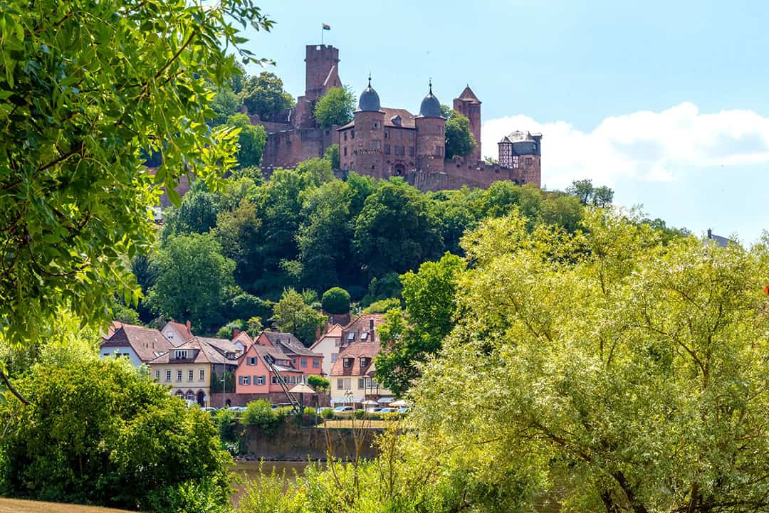 Wertheim_Burg_2018_TW_1080 Ein malerischer Blick auf ein historisches Schloss auf einem üppig grünen Hügel. Im Vordergrund säumen charmante, farbenfrohe Häuser, eingerahmt von üppigen Bäumen. Der klare, blaue Himmel trägt zur ruhigen Atmosphäre bei.