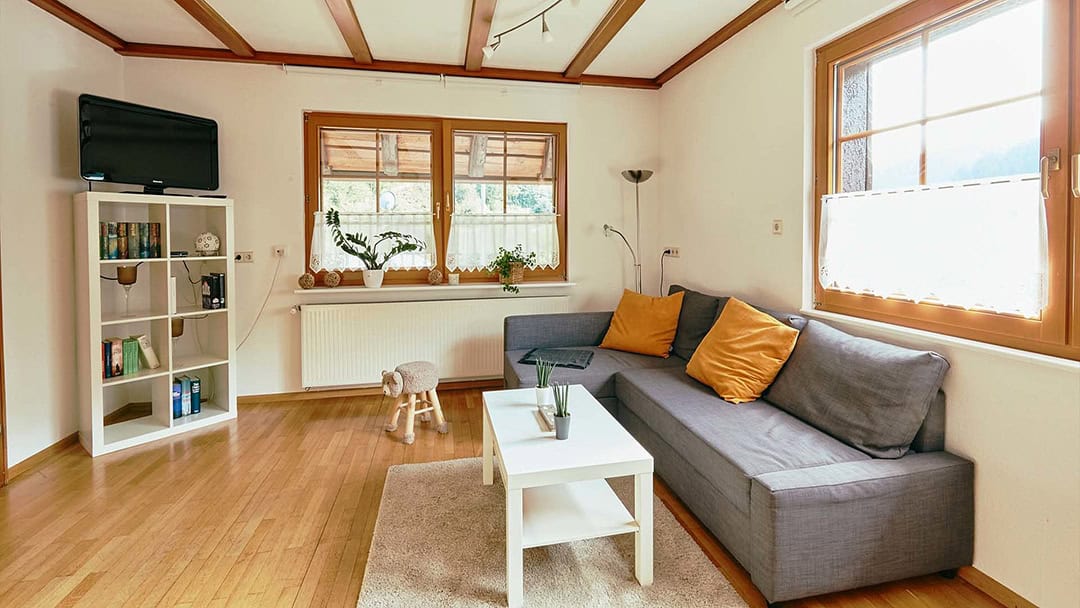 csm_Alisehof_fewo_header_1080 Ein gemütliches Wohnzimmer mit Holzboden verfügt über ein graues L-förmiges Sofa mit senffarbenen Kissen, einen weißen Couchtisch und einen Fernseher auf einem weißen Regal. Pflanzen schmücken das Regal und die Fensterbank. Große Fenster lassen Tageslicht herein. Ein kleines Plüschschaf sitzt daneben.