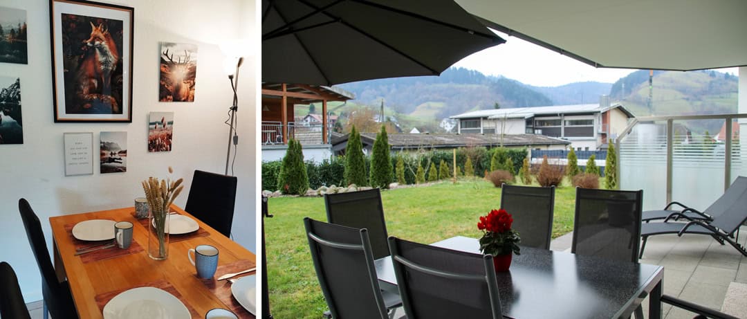 kombi-2 Links ist ein gemütlicher Essbereich im Innenbereich mit einem gedeckten Holztisch und gerahmten Bildern an der Wand abgebildet. Rechts befindet sich eine Außenterrasse mit einem Tisch und Stühlen unter Sonnenschirmen und Blick auf eine grüne Wiese und die Hügel in der Ferne.