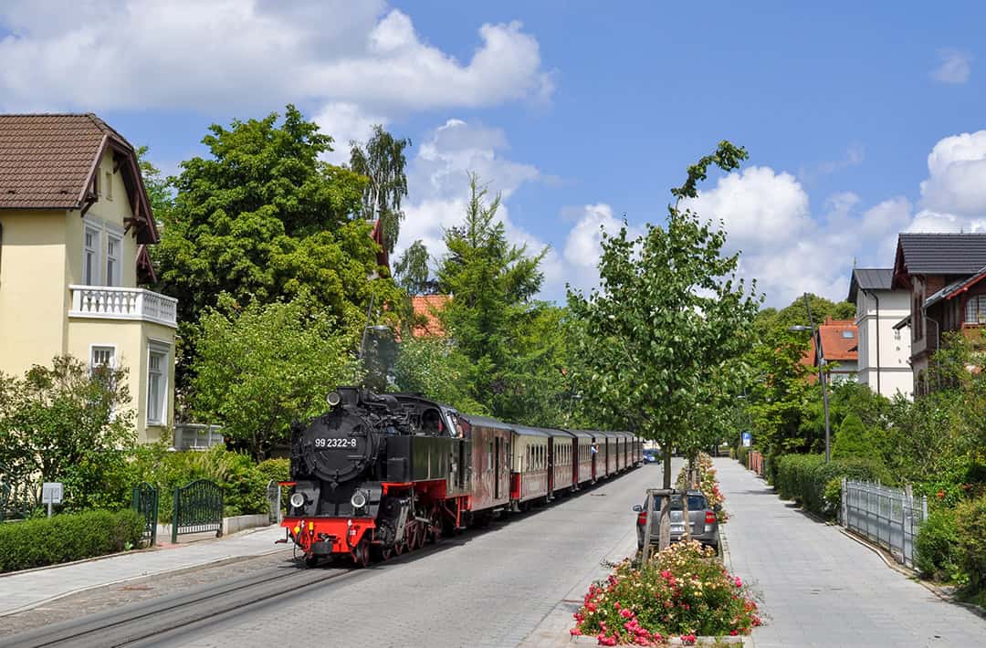 Ein historischer Dampfzug fährt unter einem strahlend blauen Himmel mit flauschigen Wolken eine von Bäumen und charmanten Häusern gesäumte Straße entlang. Rote Blumen und Grünpflanzen schmücken die Kopfsteinpflasterstraße und schaffen eine malerische Szenerie.