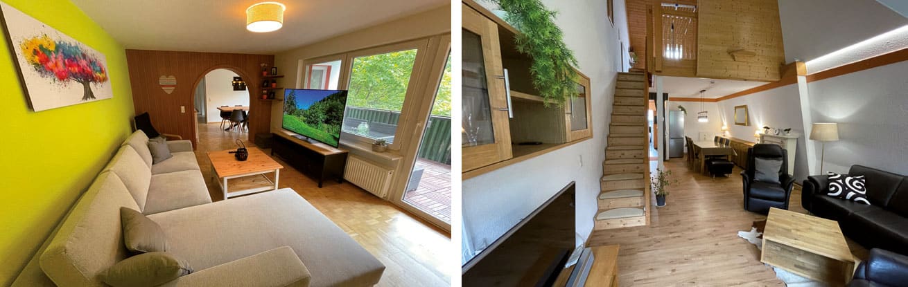 kombi-3 Linke Seite: Helles Wohnzimmer mit grüner Wand, farbenfrohen Kunstwerken, grauem Sofa, Couchtisch aus Holz und großem Fernseher am Fenster mit Blick ins Freie. Rechte Seite: Gemütliches Zimmer mit Holzboden, Treppe, Relaxsesseln und Fernseher unter einem Dachboden.