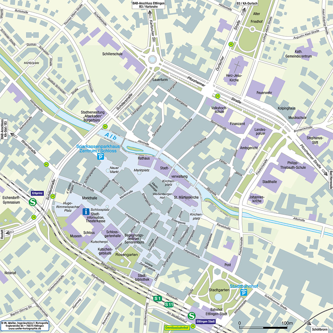 Eine detaillierte, farbenfrohe Karte der Stuttgarter Innenstadt, die Orte wie den Schlossplatz, Museen und öffentliche Verkehrsmittel hervorhebt. Straßen und wichtige Sehenswürdigkeiten sind deutlich gekennzeichnet, Grünflächen, Wege und verschiedene Einrichtungen sind eingezeichnet.