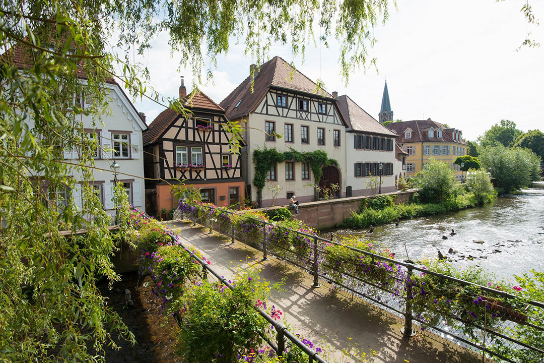 Ein malerischer Fluss schlängelt sich an charmanten Fachwerkhäusern mit roten Ziegeldächern entlang. Eine schmale, mit leuchtenden Blumen geschmückte Brücke führt zu den Häusern. Üppiges Grün umgibt die Flussufer unter einem klaren Himmel.