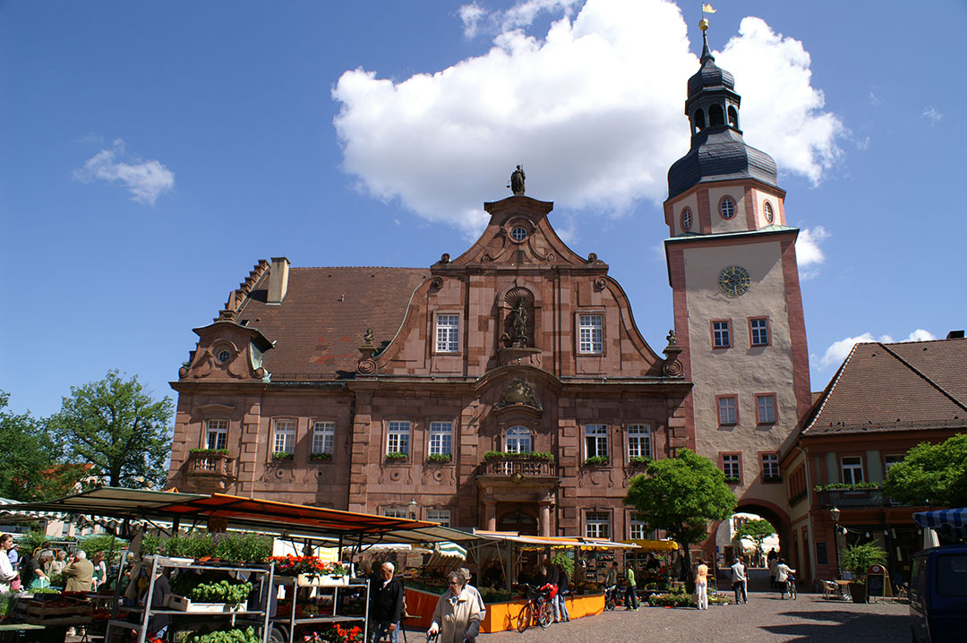 Historisches Gebäude mit Glockenturm und kunstvoller Architektur unter blauem Himmel. Markt im Freien mit Verkaufsständen und Menschen, die im Vordergrund stöbern. Üppiges Grün und ein paar Wolken im Hintergrund.