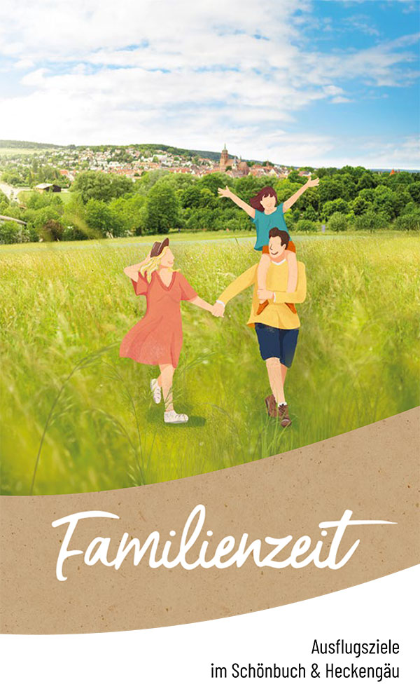 Illustration einer dreiköpfigen Familie, die fröhlich über eine Wiese rennt. Im Hintergrund sind sanfte Hügel und eine entfernte Stadt zu sehen. Der Text lautet „Familienzeit und Ausflugsziele im Schönbuch & Heckengäu“.