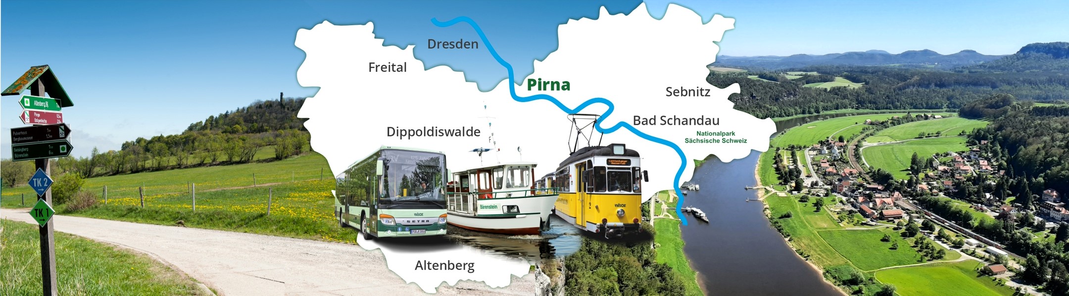 Eine malerische Collage aus einem Feldweg, einer detaillierten Karte, Bus, Fähre und Straßenbahn. Städte wie Dresden und Pirna sind auf der Karte eingezeichnet. Im Hintergrund sind üppige grüne Felder und ein Fluss mit Städten zu sehen.