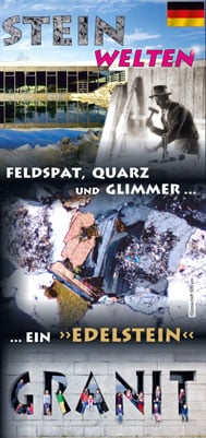 Flyer_Steinwelten_D_Titel Vertikale Collage mit deutschem Text und sechs Abschnitten: Titel „Steinwelten“, deutsche Flagge, modernes Gebäude, schwarz-weißer Mann, der Stein bearbeitet, Mineralien, bunte Steine und das in Stein gemeißelte Wort „GRANIT“.