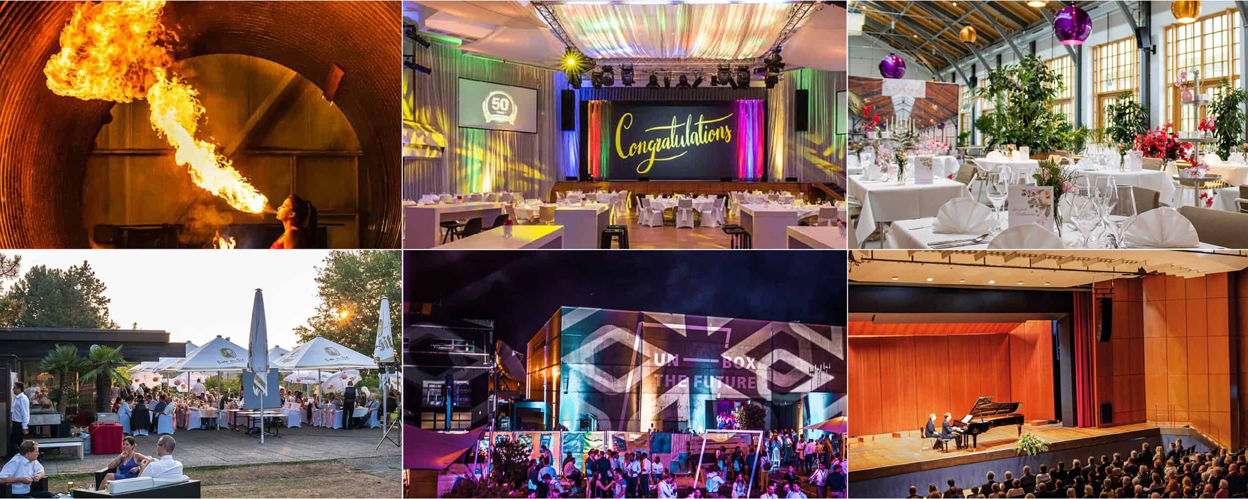 Locations Eine Collage aus sechs Veranstaltungsorten: ein feuriger Backsteintunnel, eine elegante Feier im Innenbereich mit „Herzlichen Glückwunsch“ auf einer Leinwand, ein dekorierter Bankettsaal, eine Gartenparty im Freien, ein modernes Gebäude mit Lichtern und ein Konzertsaal mit einem Flügel.