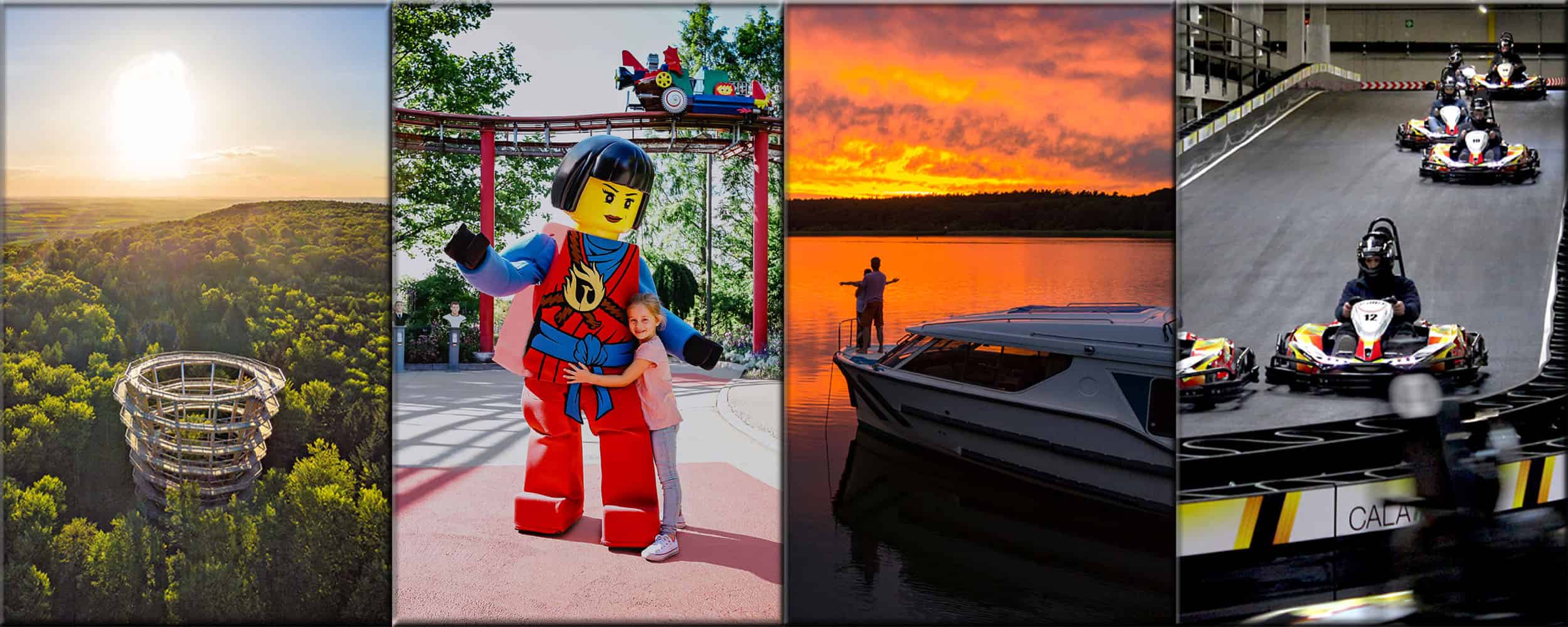 freizeit Eine Collage zeigt: einen Aussichtsturm in einer Baumkrone in einem üppigen Wald, ein Kind, das eine Person in einem LEGO-Kostüm umarmt, eine Person, die bei Sonnenuntergang neben einem Boot angelt und mehrere Personen, die drinnen Go-Kart-Rennen fahren.