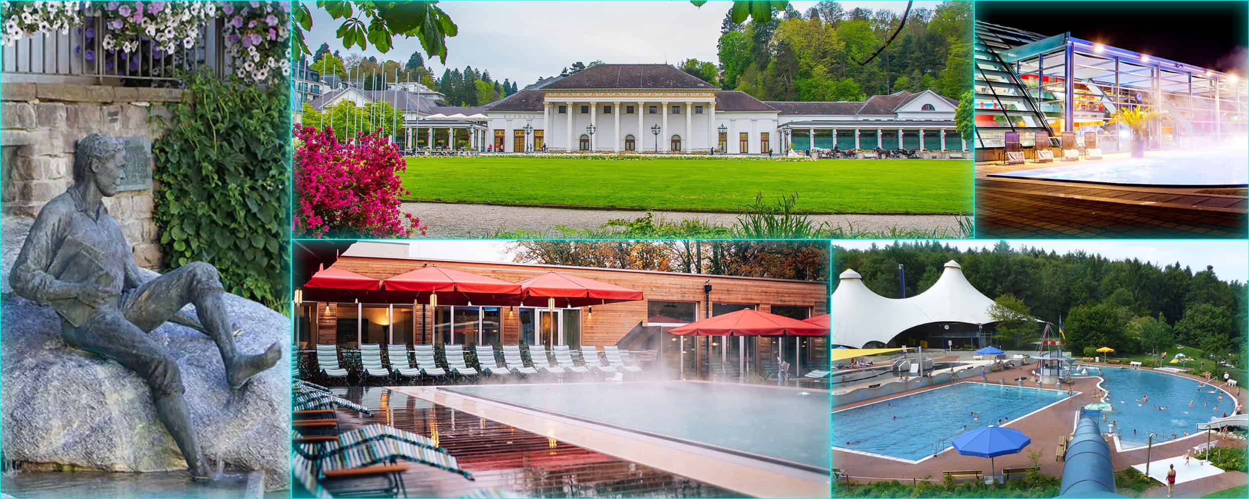 kurortebaeder Collage aus Spa- und Wellness-Standorten, darunter eine Statue, ein elegantes Gebäude mit Garten, Außenpools mit Liegen und Sonnenschirmen, ein Pool bei Nacht mit bunten Lichtern und ein großer Außenpool, umgeben von Bäumen.