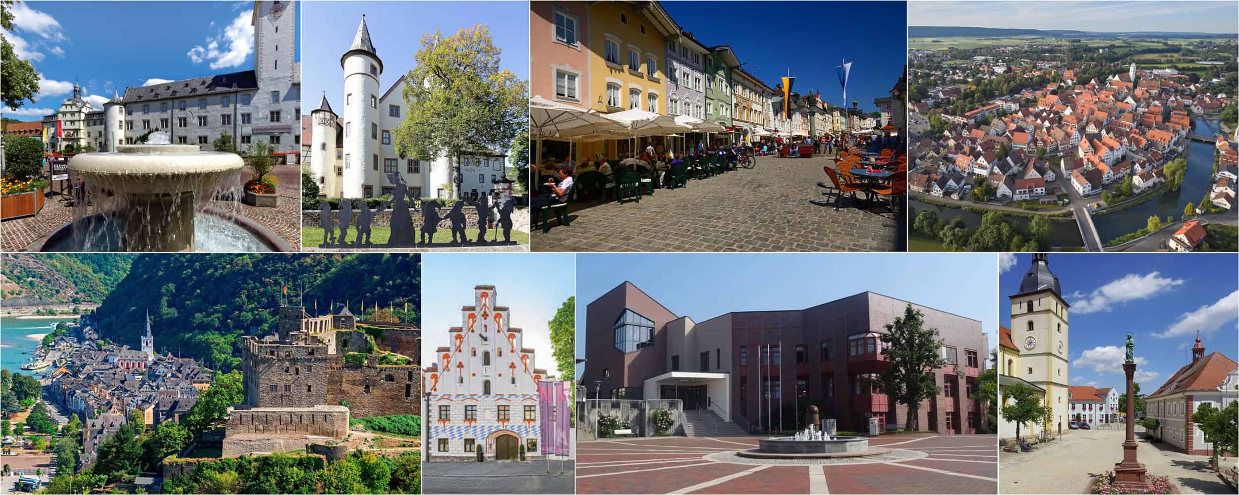 städtegem Eine Collage verschiedener malerischer deutscher Städte und Sehenswürdigkeiten, darunter Schlösser, historische Gebäude, gepflasterte Plätze mit Straßencafés und Luftaufnahmen von Dörfern am Flussufer.