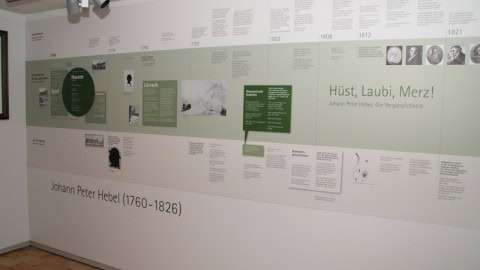 Hebel Werdegang-480x270 An einer Wand ist eine Museumsausstellung über Johann Peter Hebel (1760–1826) zu sehen. Sie enthält Texte, Bilder und Daten zu seinem Leben und Werk. Der Abschnitt ist überschrieben mit „Hüst, Laubi, Merz!“.