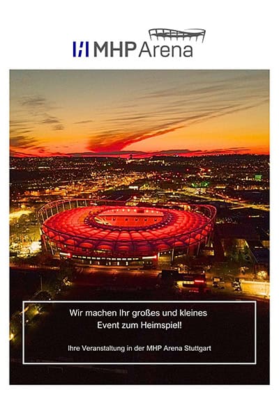 Luftaufnahme der MHP Arena in Stuttgart bei Sonnenuntergang, beleuchtet mit den Lichtern der Stadt im Hintergrund. Deutscher Text wirbt für die Ausrichtung von Veranstaltungen in der Arena. Das Logo der MHP Arena ist oben zu sehen.