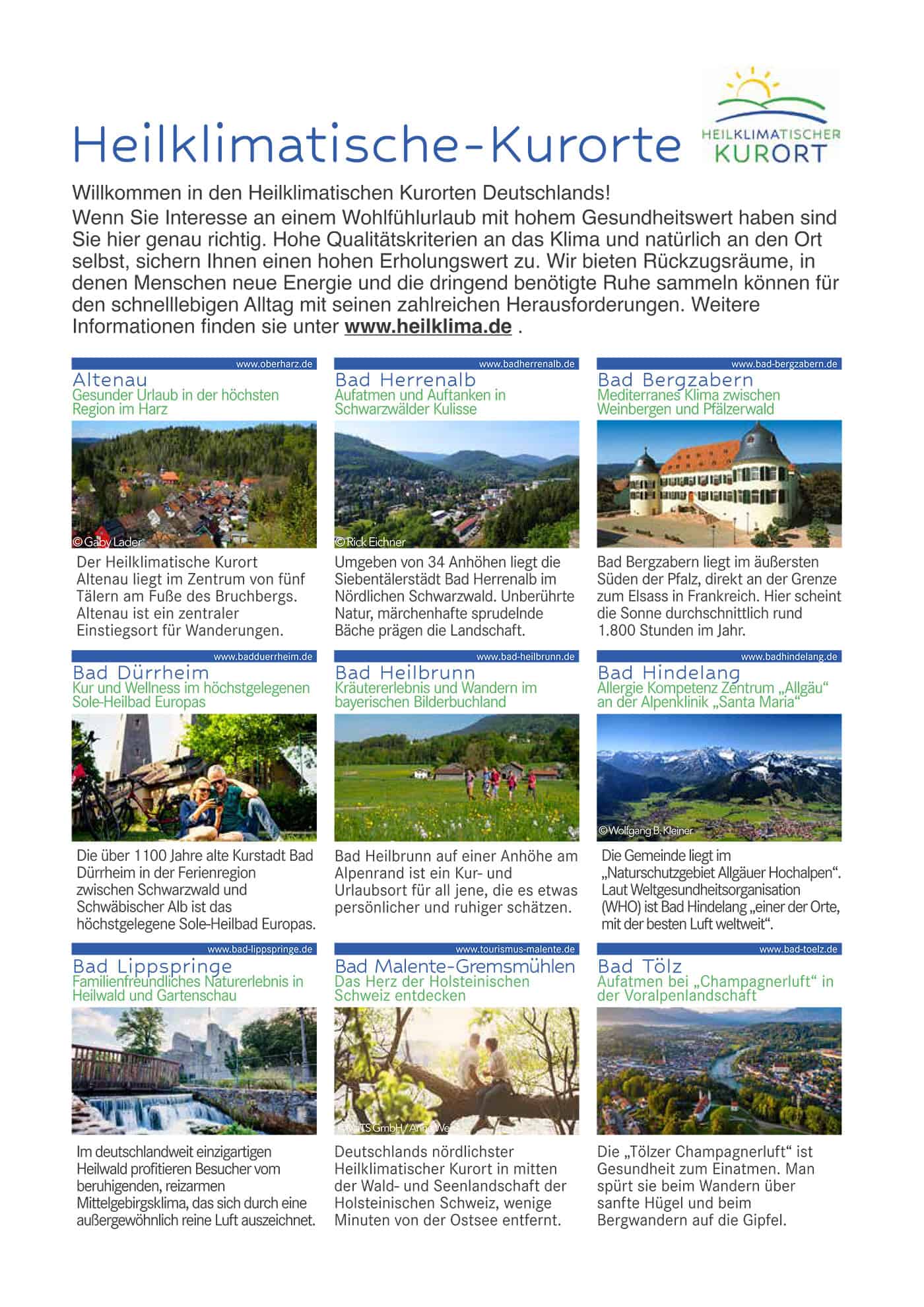 Informationsplakat über deutsche Heilklimatische Kurorte mit Text und Farbbildern verschiedener Kurorte, jeweils mit kurzer Beschreibung und kleinem Landschafts- oder Stadtfoto.