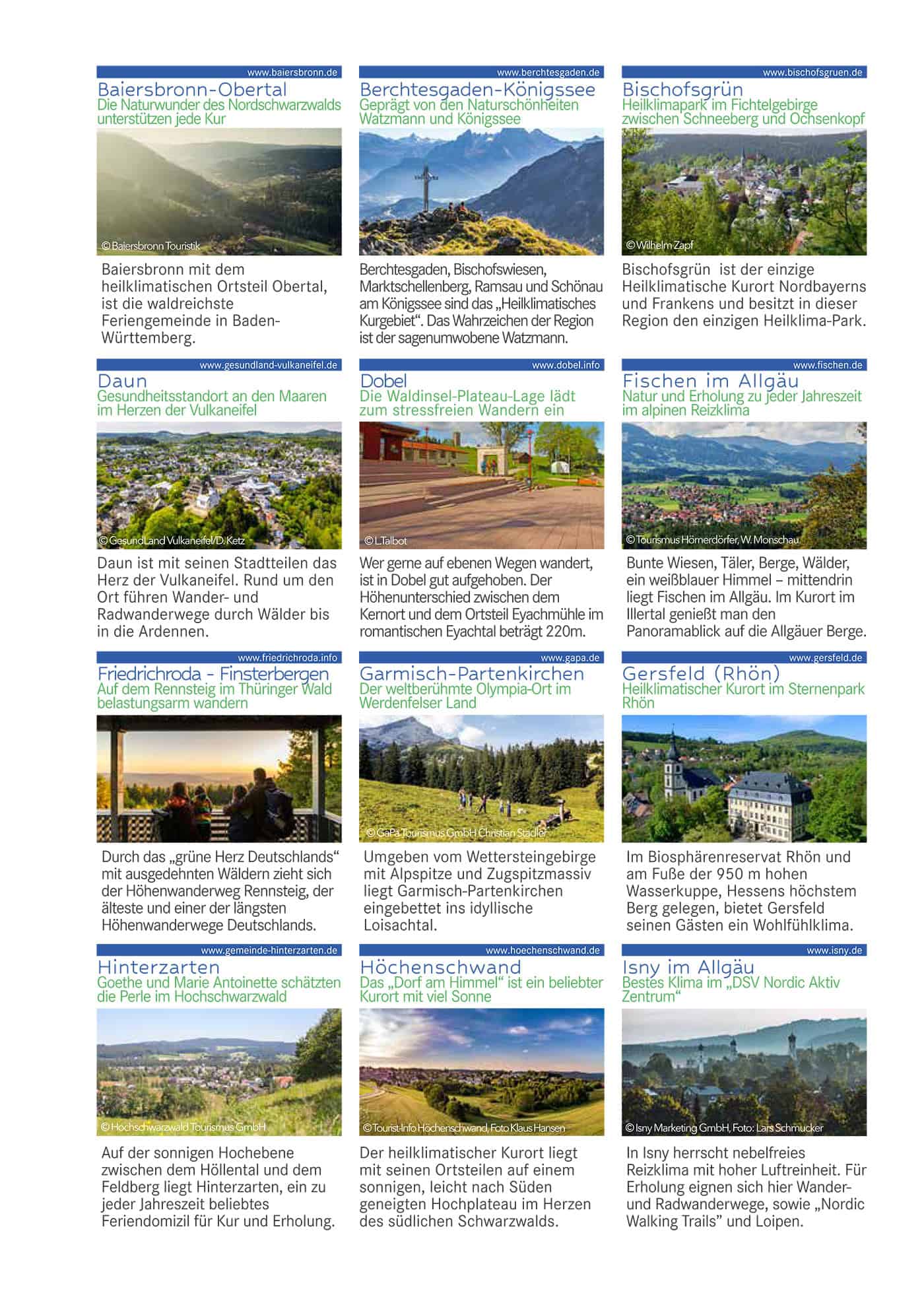 Ein Raster mit 12 farbenfrohen Reiseanzeigen in deutscher Sprache, jede mit Fotos malerischer Landschaften, Städte oder Naturattraktionen sowie Texten, die verschiedene Gesundheits- und Urlaubsregionen in ganz Deutschland beschreiben.