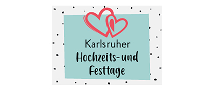 Logo mit zwei sich überlappenden rosa Herzen über dem Text "Karlsruher Hochzeits- und Festtage" auf einem blauen Rechteck, umgeben von einem weißen Hintergrund mit schwarzen Punkten.