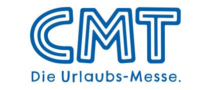 Logo mit großen, blau umrandeten Buchstaben CMT über den Worten Die Urlaubs-Messe. in kleinerer blauer Schrift auf weißem Hintergrund.