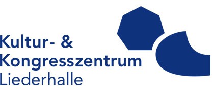 Logo für das Kultur- & Kongresszentrum Liederhalle, mit blauen geometrischen Formen und dem Namen in blauer Schrift auf weißem Hintergrund.