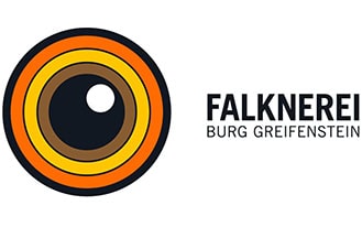 Logo der Falknerei Burg Greifenstein mit einem stilisierten Adlerauge mit konzentrischen Kreisen in Orange-, Gelb- und Brauntönen auf der linken Seite und dem Text Falknerei Burg Greifenstein auf der rechten Seite.