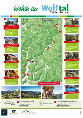 Touristische Karte der Region Wolftal in Deutschland, die ein grünes, gebirgiges Gebiet mit nummerierten Sehenswürdigkeiten zeigt. An den Seiten der Karte sind Fotos und kurze Beschreibungen der Sehenswürdigkeiten zu sehen.