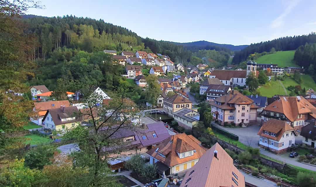 Ein malerisches europäisches Dorf mit roten Dächern, eingebettet in eine grüne, hügelige Landschaft, umgeben von dichten Wäldern und sanften Hügeln unter einem klaren blauen Himmel.