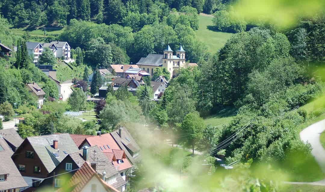Ein kleines Dorf mit Häusern mit Schrägdächern, eingebettet in üppige grüne Bäume und Hügel, mit einer Kirche oder einem großen Gebäude in der Mitte und einer kurvenreichen Straße auf der rechten Seite.