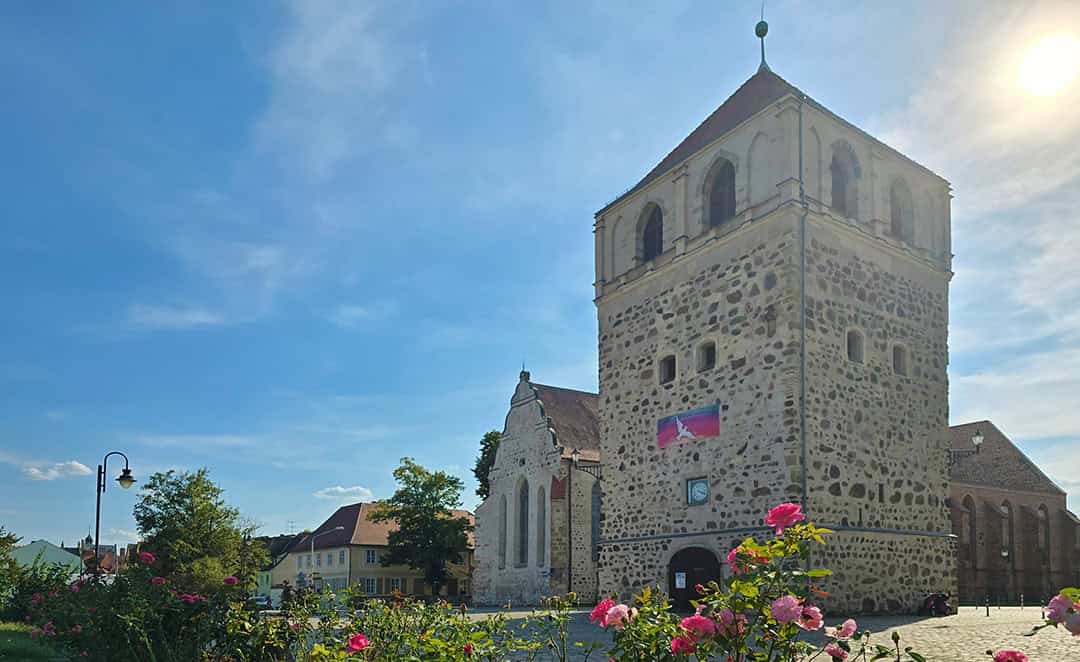 Eine historische Steinkirche mit einem hohen Glockenturm steht unter einem strahlend blauen Himmel. Im Vordergrund blühen rosafarbene Rosen, und das Sonnenlicht scheint aus der oberen rechten Ecke und wirft Schatten auf das Gebäude.