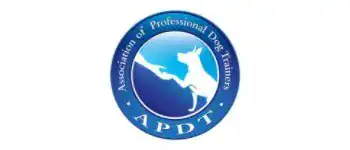 APDT logo with a blue background, featuring a white dog silhouette and circular text, representing the Association of Professional Dog Trainers and their commitment to dog training excellence.
