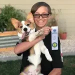 An energetic woman holding a happy Welsh Corgi puppy outdoors, showcasing dog training and socialization at High Plains K-9 Connections.