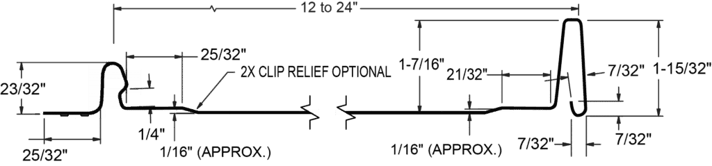 Hillside Metal drawing explains standing seam metal roofing profile and lists required sizes and notes for installation.