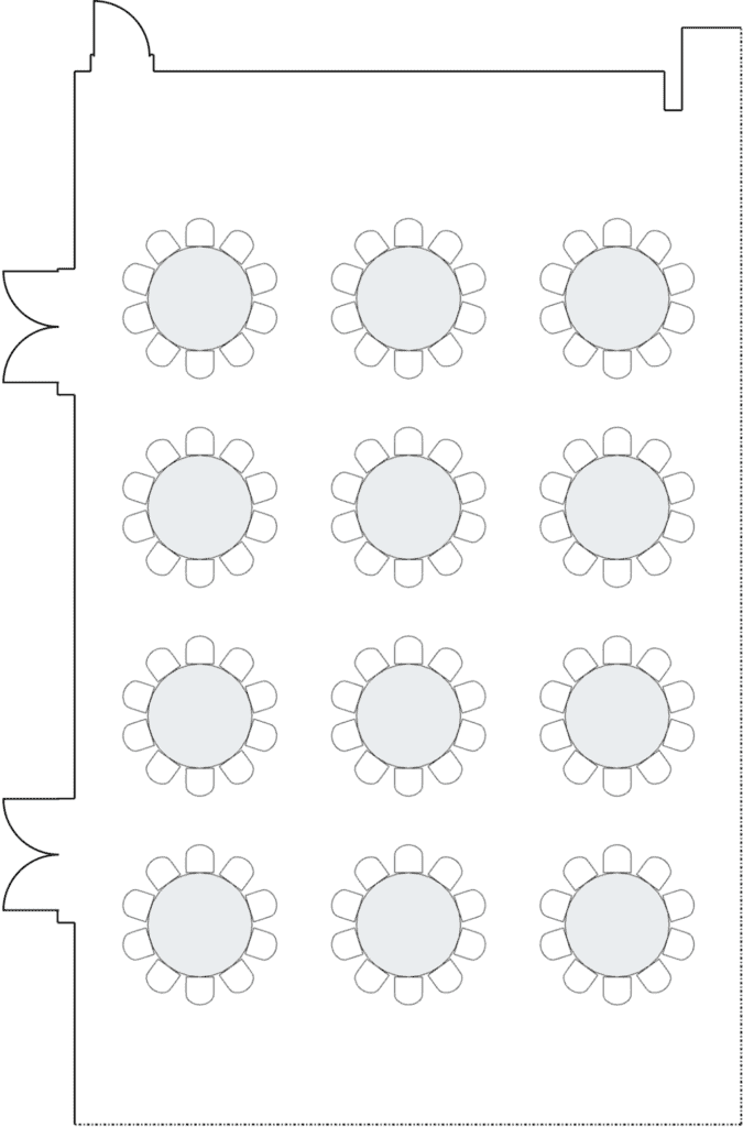 Room layout with circular tables and chairs.