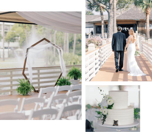 Wedding arch with greenery near a fountain.