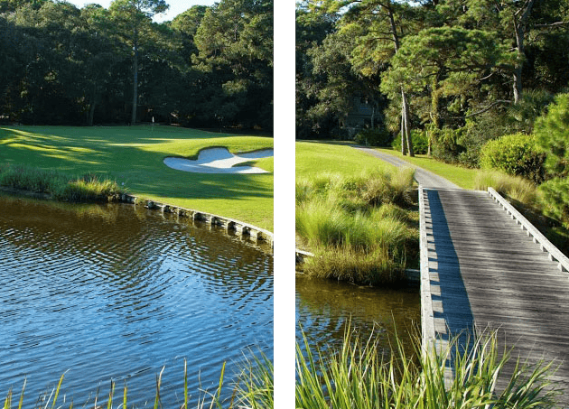 Scenic golf course with pond and wooden bridge.